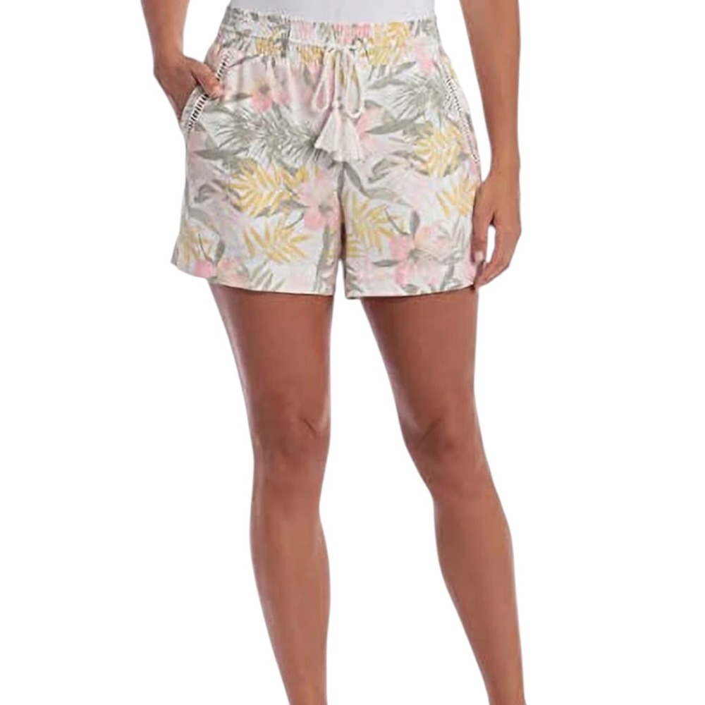 Briggs Boho Tropical Linen Blend Floral Shorts Smocked Tassel Multi Color Size S